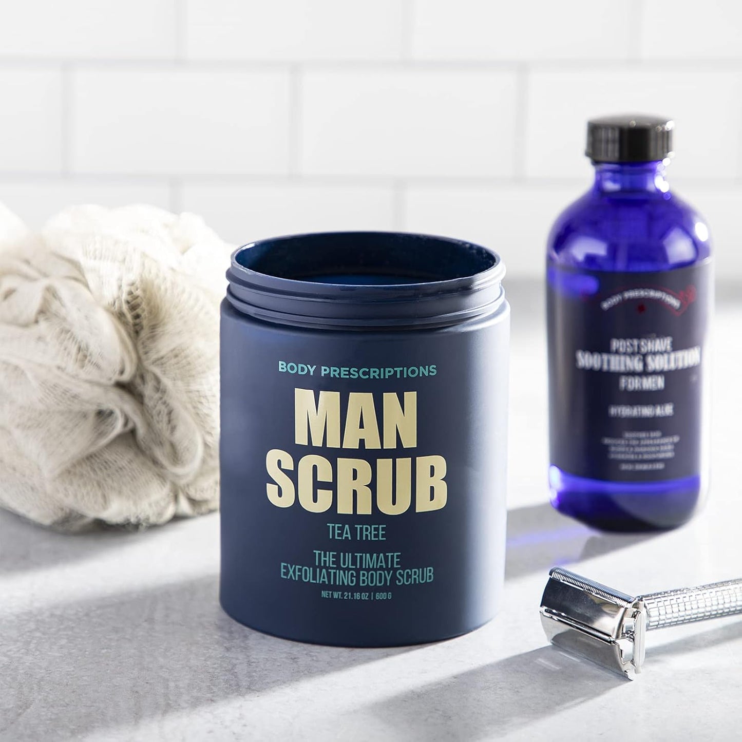 Body Prescriptions Men’s Exfoliating Body Scrub – Ultimate Skin Cleansing Wash in Jar with Twist-Top Lid, For All Skin Types, 21 Ounce (Pack of 1), Tea Tree