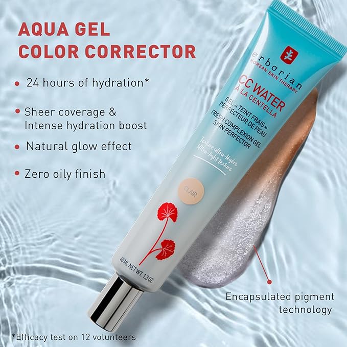 Erborian CC Water with Hyaluronic Acid, Doré - Ultra-Light Aqua Gel Color Corrector with Centella Asiatica & Hyaluronic Acid - Plump, Softer & Hydrated Skin - Korean Skincare Skin Perfector - 1.3 Oz