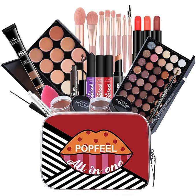 Pure Vie All-in-One Holiday Gift Surprise Makeup Set Essential Starter Bundle Include Eyeshadow Palette Lipstick Concealer Blush Mascara Eyeliner Face Powder Lipgloss Brush - Full Makeup Kit for Women
