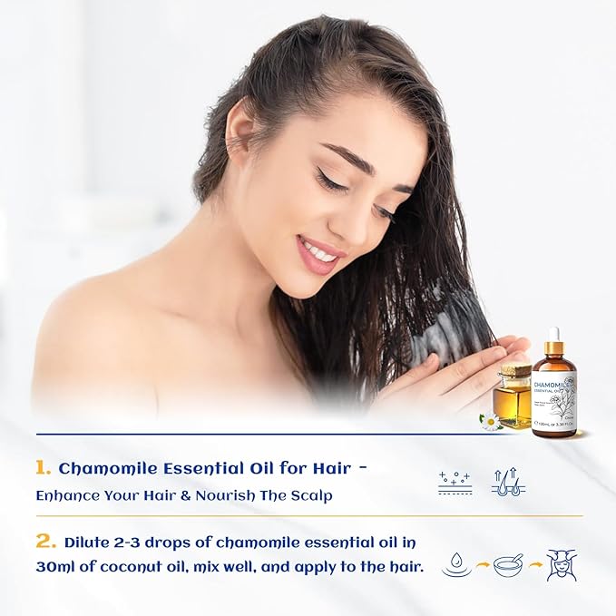 HIQILI 100ML Chamomile Essential Oil, Pure & Natural Chamomile Oil for Diffueser, Skin, Soap, Shampoo - 3.38 Fl Oz