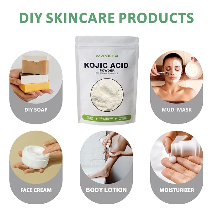 MAYKER Pure Kojic Acid Powder 2.1oz (60gram), Skin Whitening Lightening, Natural and Organic, High Purity 99.9%, Diminishes the Appearance of Dark Spots, Freckles & Scars, for DIY Soaps, Creams