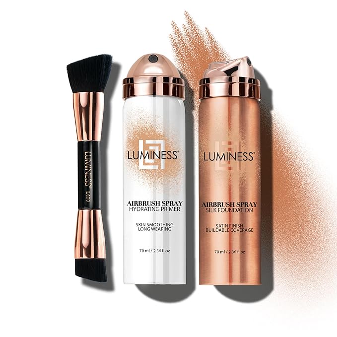 LUMINESS Airbrush Spray Silk Foundation Starter Kit - Tan Dark - Foundation, Primer & Dual-Sided Angled Buffing Brush - Medium, Buildable Coverage, Anti-Aging Formula Hydrates & Moisturizes