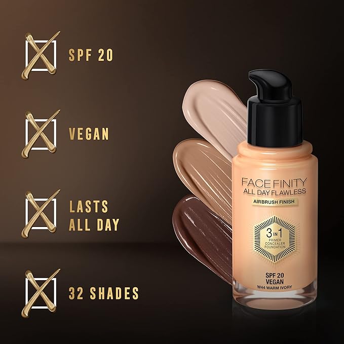 Max Factor Facefinity 3-in-1 All Day Flawless Liquid Foundation, SPF 20-44 Warm Ivory, 30 ml