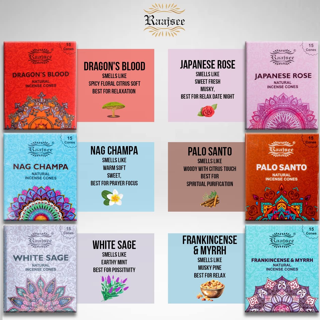 Raajsee Natural Incense Cones,6 Pack Mixed Scents Gift Pack 15 pc Each (90 Total), Insense Cones Variety Pack, 100% Organic Non Toxic Natural - Hand Rolled Free from Chemicals (Pack 2)