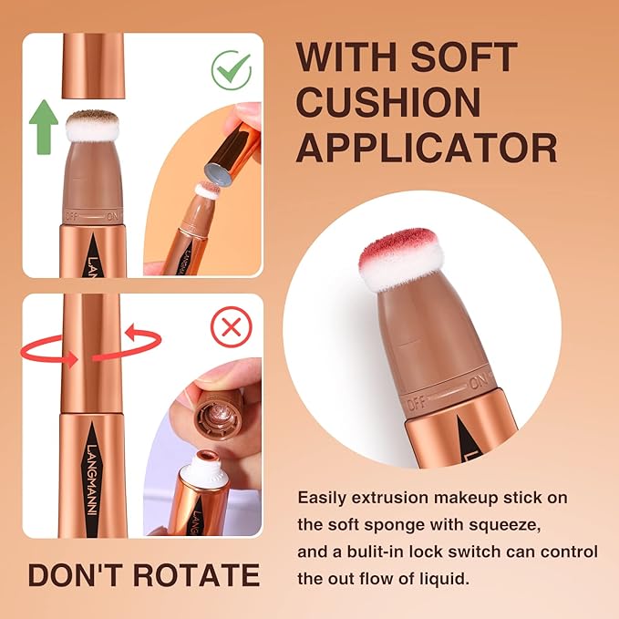 LANGMANNI Liquid Contour Beauty Wand, Face Concealer Contouring,Highlighter,Blusher Stick with Big Cushion Applicator.Cream Contour Stick For Finish Face Contour Makeup. (#04 Blush+#05 Highlighter)