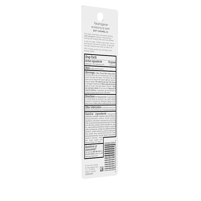 Neutrogena Revitalizing and Moisturizing Tinted Lip Balm with Sun Protective Broad Spectrum SPF 20 Sunscreen, Lip Soothing Balm with a Sheer Tint in Color Soft Caramel 50,.15 oz