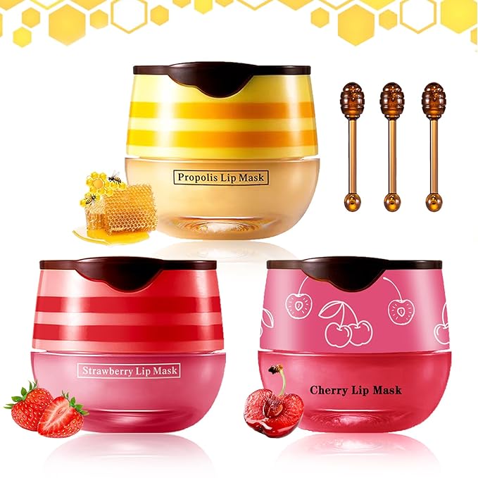 NVLEPTAP 3PCS Bee Lip Balm Honey Pot Honey Lip Balm Strawberry Honey Cherry Lip Sleeping Mask Moisturizing Hydrating Lip Care Products Honey Pot Lip Balm with Stick