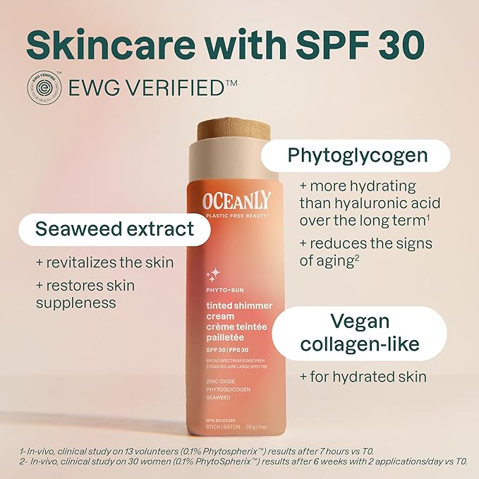ATTITUDE Oceanly Tinted Shimmer Face Cream Stick with SPF 30, EWG Verified, Plastic-Free, Broad Spectrum UVA/UVB Protection with Zinc Oxide, Universal Tint, Unscented, 1 Ounce