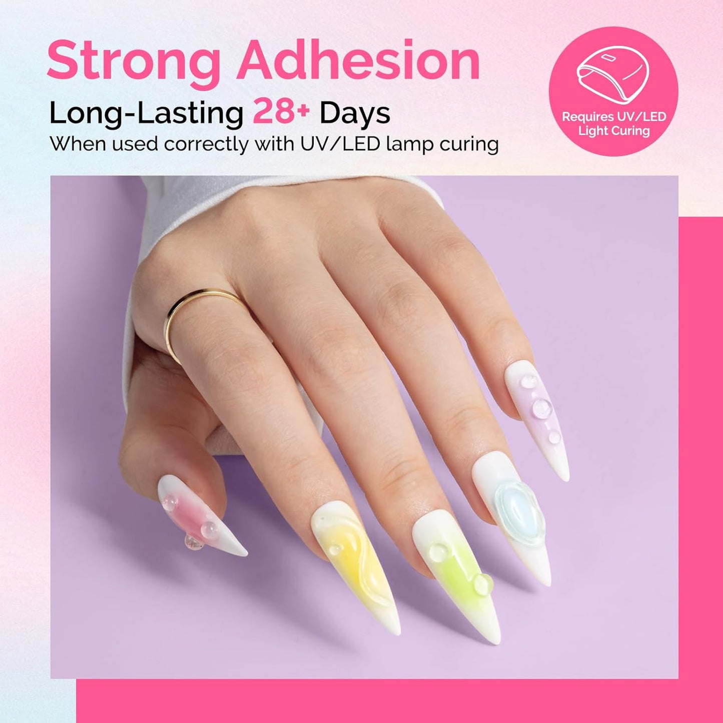 MelodySusie Nail Rhinestone Glue for Nails Super Strong Gel for Nail Charms Gems 3D Nail Gel UV Nail Glue for Nail Art Design Nail Chrome Powder Decals Decor Need UV/LED Cured 60g