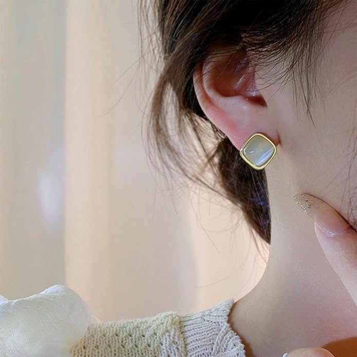 Vintage Square Opal Earrings Opal Square Stud Earrings Moonstone Stud Earrings Geometric Square Earrings Jewelry for Women
