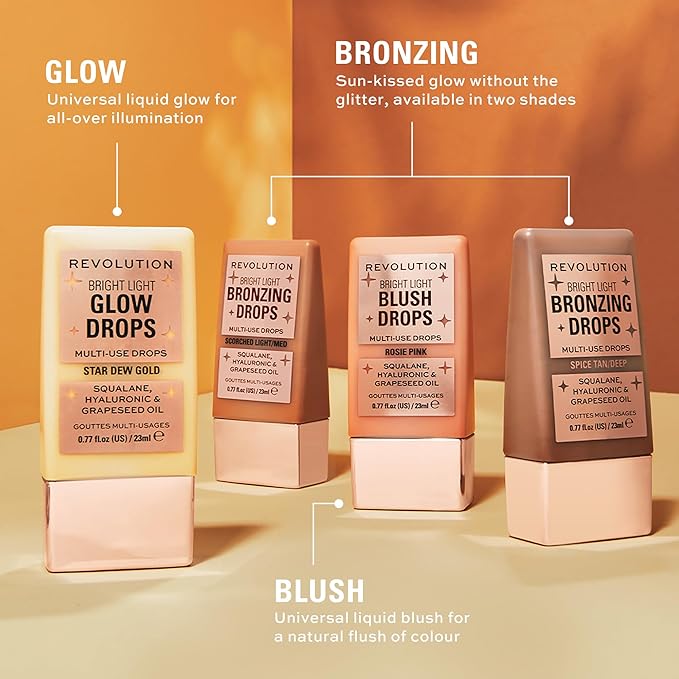 Revolution Beauty, Bright Light Bronzing Drops, Bronze & Glow Face & Body Drops Infused with Hyaluronic Acid, Summer Spice, 0.77 Fl. Oz.