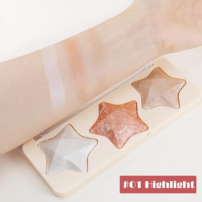 Boobeen 3 Colors Baked Shimmer Highlight & Blush Palette, Powder Palette Facial Bronzers Illuminator Makeup Palette, Lightweight Highlighter Blusher Contour for Cheeks, Lasting Natural Glowing