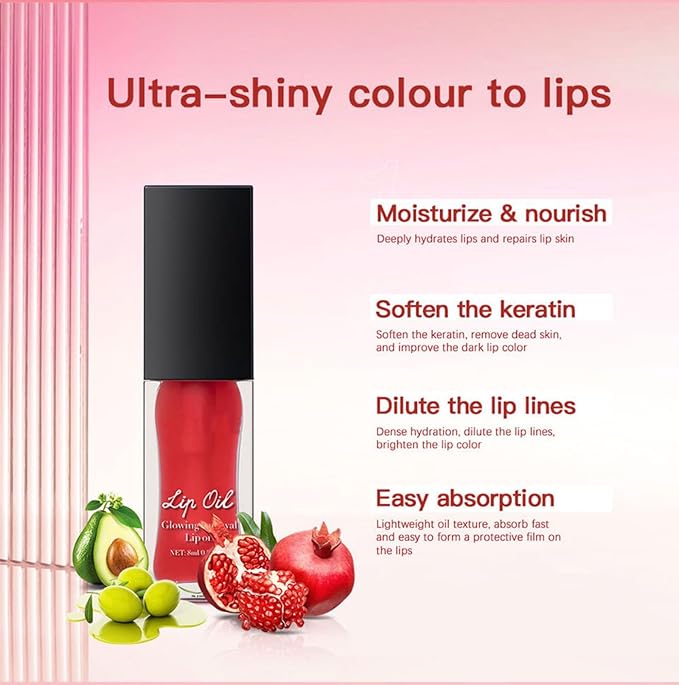 MAEPEOR Glowing Lip Oil 7 Colors Hydrating Lip Balm Nourishing Lip Care Lip Treatment Glossy Finish Non-sticky Moisturizing Lip Balm (06 Red)