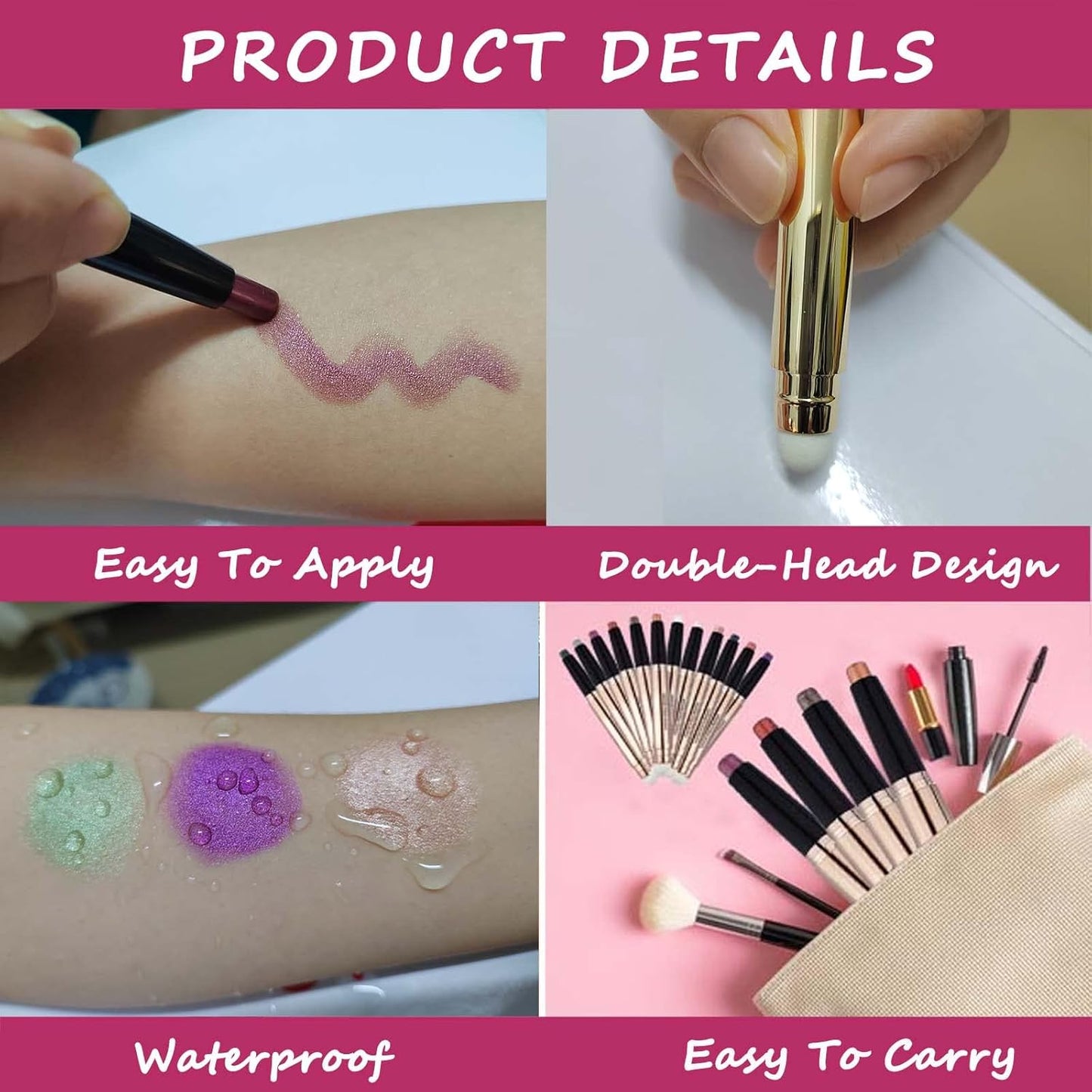 Pink Eyeshadow Stick Makeup, Highlighter Matte Cream Eye Shadow Pencil, Waterproof Hypoallergenic Long Lasting Crayon, Glitter Primer Palette Shimmer Eyeliner Pen wiht Soft Brush