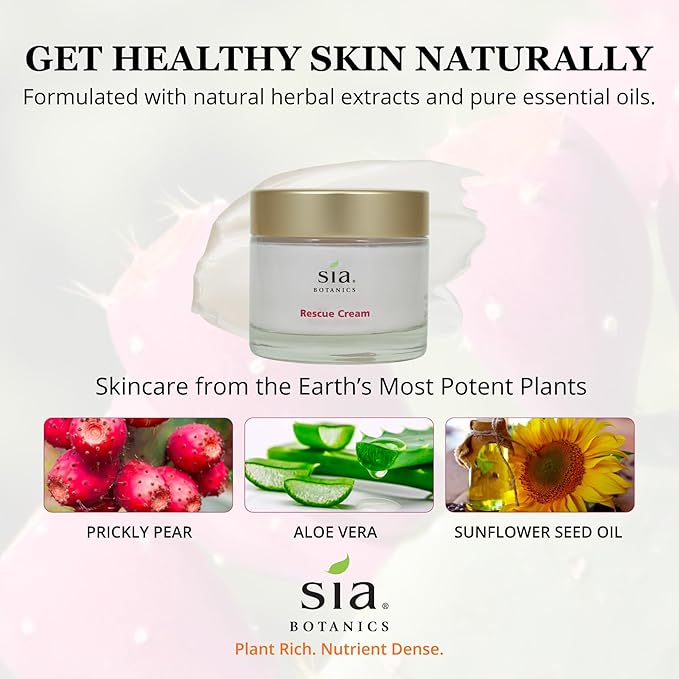 Rescue Face Cream (65g/2.3oz Glass Jar) | Facial Moisturizer w/Prickly Pear Cactus, Aloe Vera, Green Tea Extract | Natural, Clean, Botanical Skincare for Women