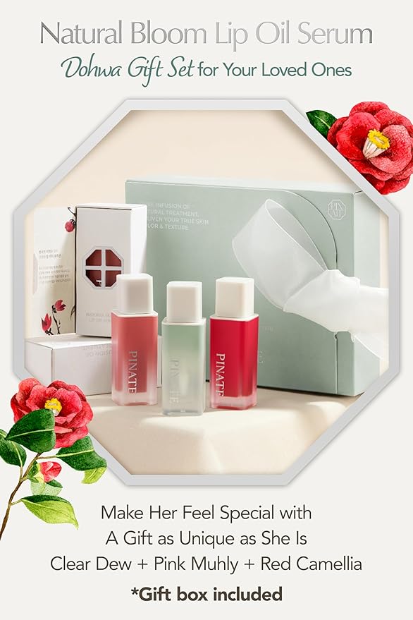 NATURAL LIP OIL - Dohwa Set, Gift Set, Powerful glow lip oil serum - Nourishing & Protecting lip care that naturally brings out own colors with camellia seed oil. 0.14 FL. Oz (Set of 3), Red