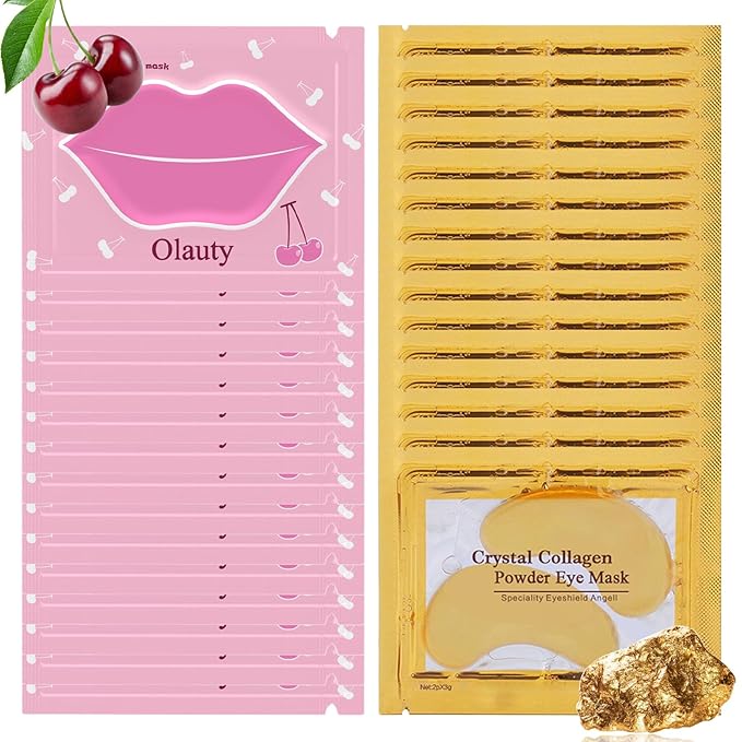 30 Pieces Lip Mask & Under Eye Mask,24K Gold Gel Crystal Collagen Eye Patches, Cherry Lip Masks Skincare,Moisturizing& Reducing Reducing Fine Lines & Dark Circle for Puffy Eyes
