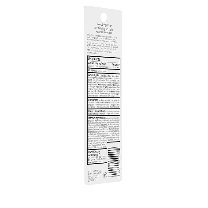 Neutrogena Revitalizing and Moisturizing Tinted Lip Balm with Sun Protective Broad Spectrum SPF 20 Sunscreen, Lip Soothing Balm with a Sheer Tint in Color Healthy Blush 20, .15 oz