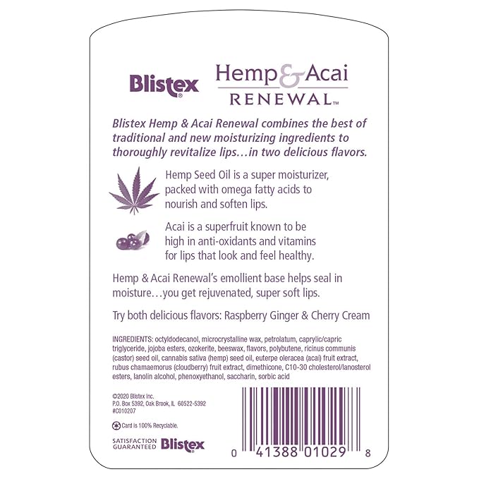 Blistex Hemp & Acai Renewal Lip Balm, 0.30 Ounce, 2 Count â€“ Raspberry Ginger & Cherry Cream, Moisturizing Lip Balm, Super Fruit Benefits, Nourishes & Conditions Lips (Pack of 3)