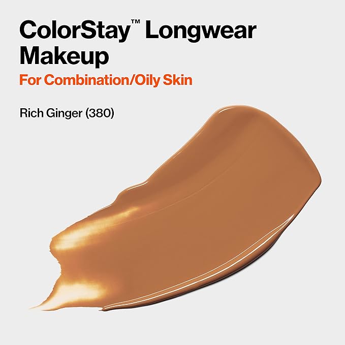 Revlon Liquid Foundation, ColorStay Face Makeup for Combination & Oily Skin, SPF 15, Medium-Full Coverage with Matte Finish, Rich Ginger (380), 1.0 oz