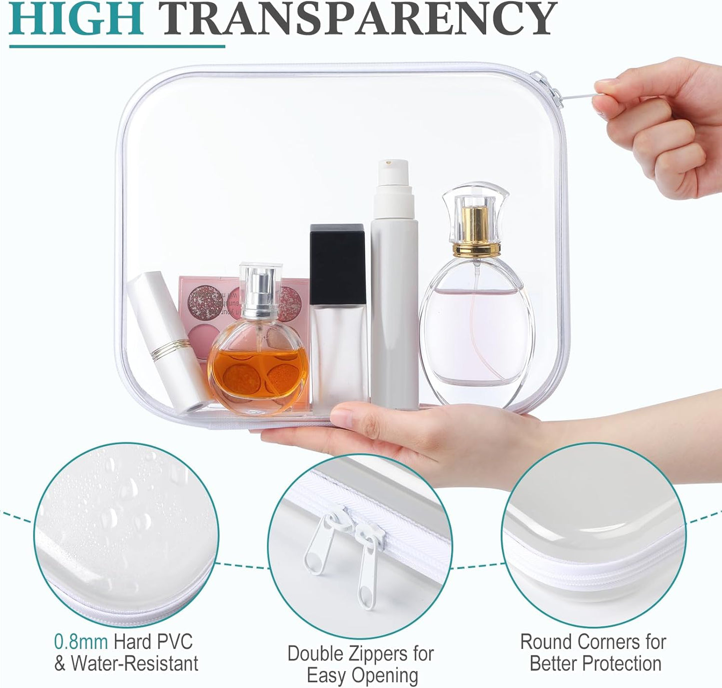 Sanwuta 6 Pcs Clear Hard Zipper Case Pencil Pouches Hard Plastic Zipper Pouches Makeup Bag Transparent Cases for Snacks Plastic Storage Organizer Box for Travel(White,9.84 x 7.87 x 2 Inch)