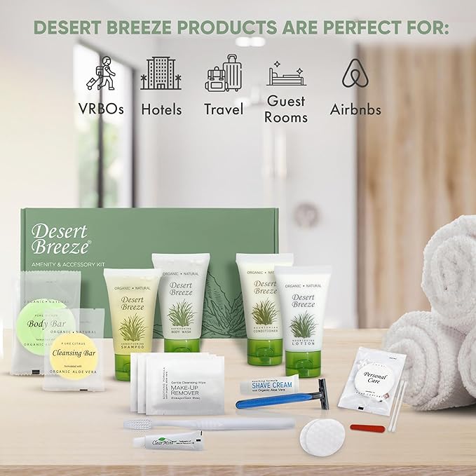 Amenity & Accessory Kit | 1 oz Travel Size Shampoo, Conditioner, Lotion, Body Wash, Body Bar, Cleansing Bar, Shave & Dental Sets, Make-Up Remover Wipes, & Vanity Kit | 1 set per case