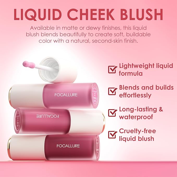 FOCALLURE Silky Cream Liquid Blush,Leaving a Matte Dewy Makeup Look,Easy to Apply and Create a Natural Flush,Long Lasting and Lightweight Cheek Blush Face Makeup,STAY HIGH