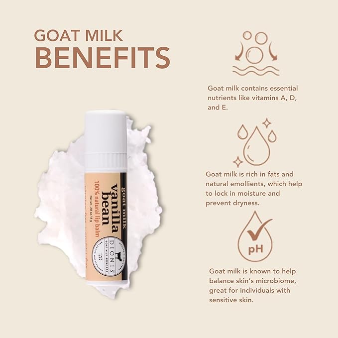 Dionis - Goat Milk Skincare Vanilla Bean Scented Lip Balm - Set of 6 (0.28 oz) - Made in the USA - Cruelty-free and Paraben-free