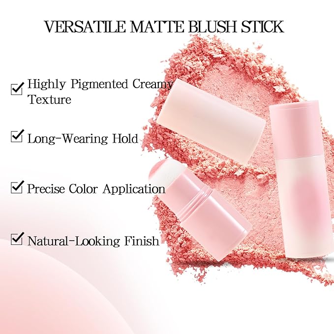 Boobeen Blush Stick, Lightweight Blendable Blush Tint Cheek Blusher, Blush Makeup Stick with Cushion Applicator, Smooth Creamy Blush Beauty Wand for Cheek Lip Eye, Creates Natural Matte Finish