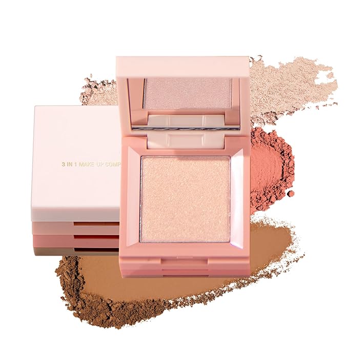 3 in 1 Highlighter Contour Blush Makeup Palette, 3 Colors Matte Shimmer Brighten Highlighting Bronzing Blusher Eyeshadow Pallet, Long Lasting Full Face Eyes Contouring Shaping Makeup kit with Mirror