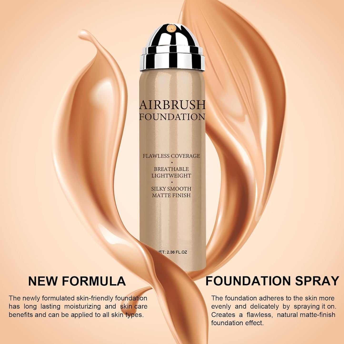 Airbrush Foundation Makeup Spray, Long Lasting Waterproof Full Coverage Foundation for Brighten, Concealer and Hydrating, Natural Matte Finish, Brush and Makeup Sponge Include, 2.36oz (#2 Beige)