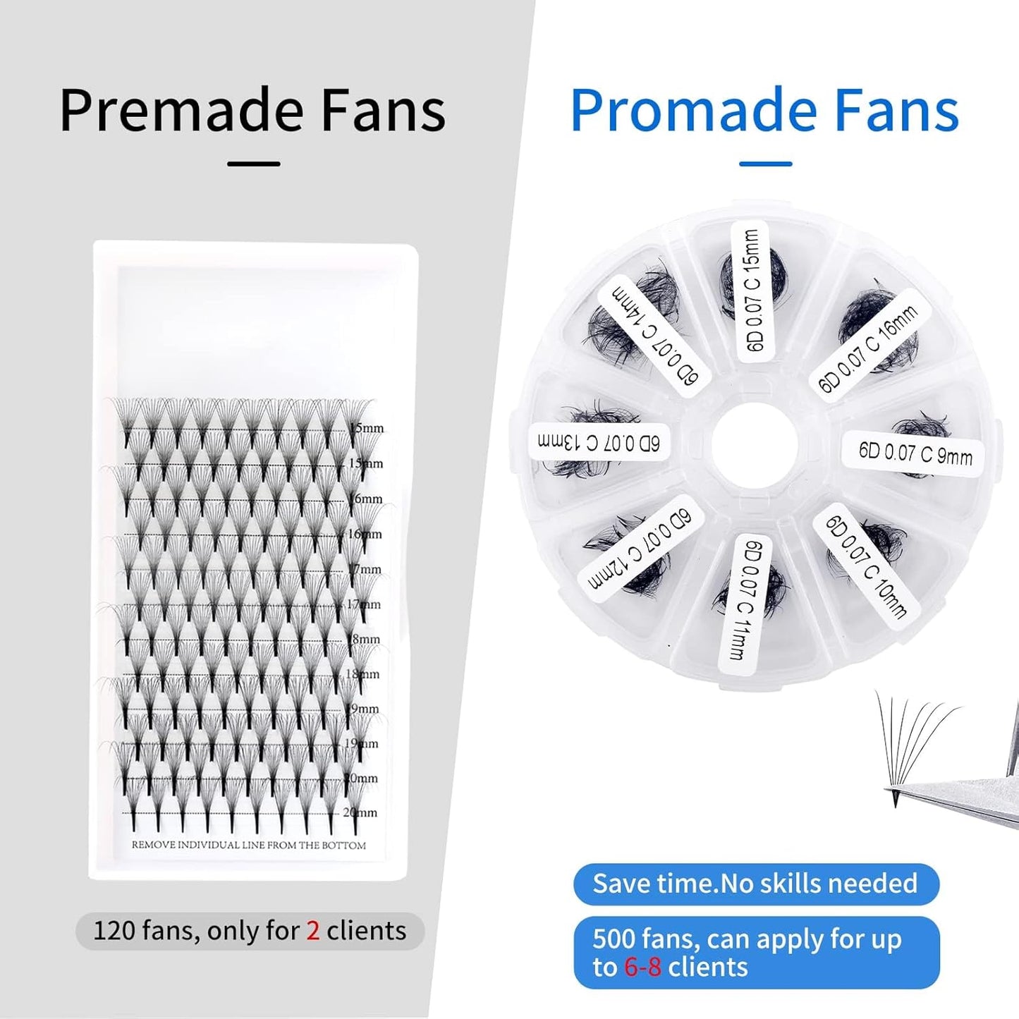 Premade Fans for Eyelash Extension: 6D, Wendy Lashes, Handmade Fans, Pre-made, For Lash-Artists, D, 9-16mm