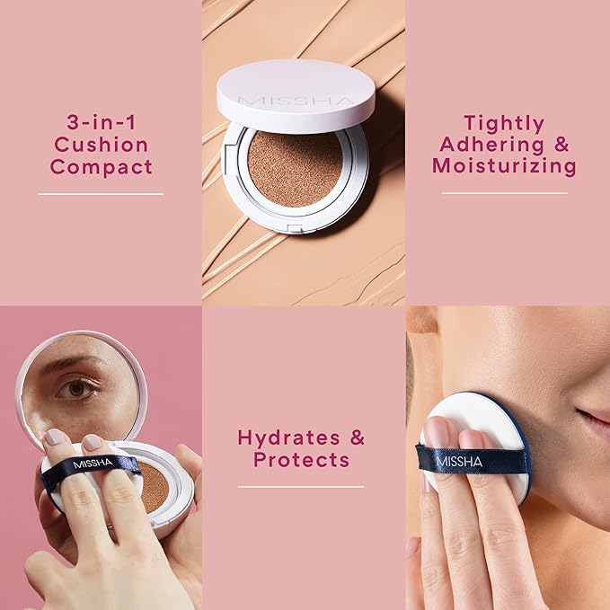 Missha Magic Cushion Moist Up No. 21 Light Beige for bright skin, Hydrating 3-in-1 Moisture Korean Cushion Foundation, Long-lasting, High Coverage, for All Skin Types