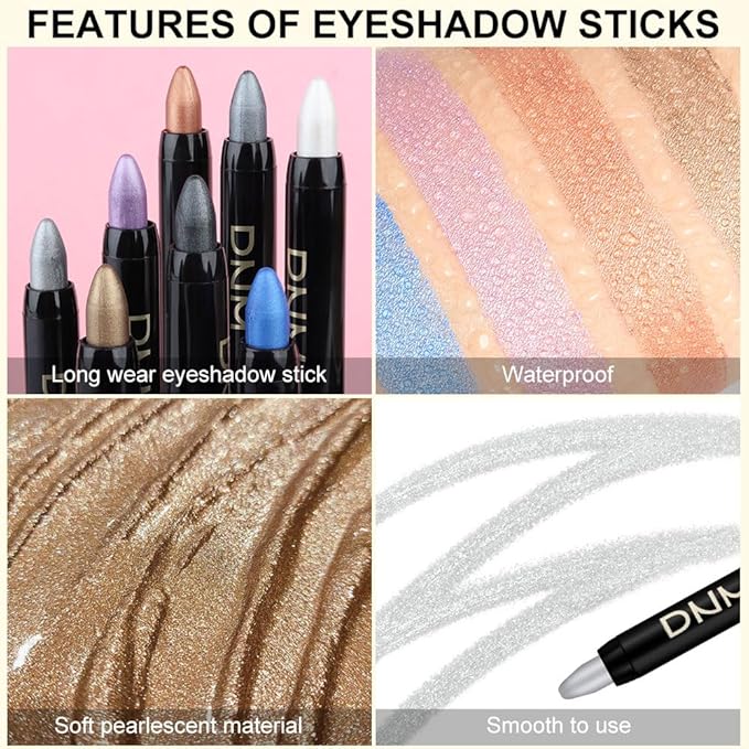 Kaely 8Pcs Cream Eyeshadow Stick Set, Pearl White Black Gray Khaki Royal Blue Vioiet Purple Silver, Shimmer Eyeliner Pencil Eye Shadow Sticks Palette Makeup for Older Women, sombras para ojos 01
