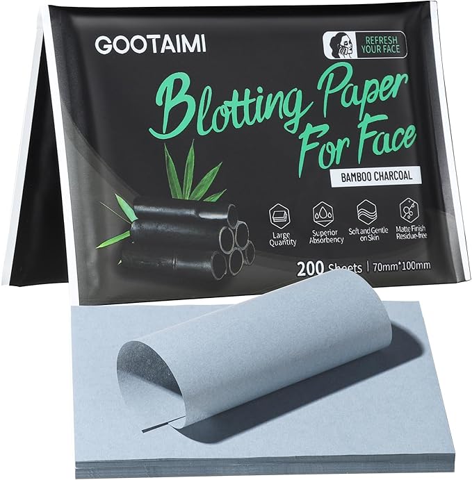 Blotting Paper for Oily Skin, Natural Bamboo Charcoal Blotting Paper, Oil Blotting Sheets for Face, 100 * 70MM Large Oil Absorbing Sheets Makeup Face Tissues, 200 Counts