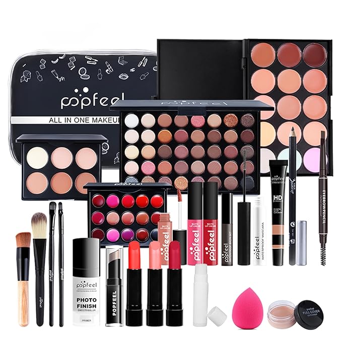 All in One Makeup Kit For Beginners Full Kit, Full Makeup Kit For Teen Girls, Makeup Gift Set, Include Eyeshadows, Concealer, Cosmetic brush, Lip Gloss, Lipstick, Powder puff, Mascara -005