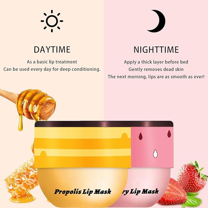 2PCS Lip Mask Overnight, Honey&Strawberry Moisturizing Repair Sleeping Lip Balm, Fade Lip Lines Bee Lip Balm, Hydrating &Prevention Dry and Crack Lip Scrubs Exfoliator (Honey & Honey)