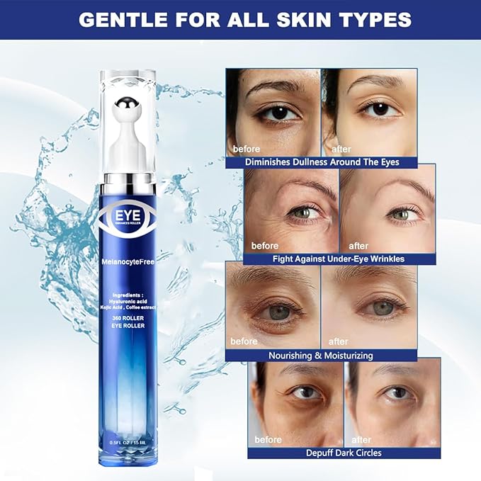 Caffeine Eye Serum,Under Eye Roller Serum with 360° Massage Ball,Eye Contour Cream for Dark Circles and Puffiness Wrinkles Fine Lines