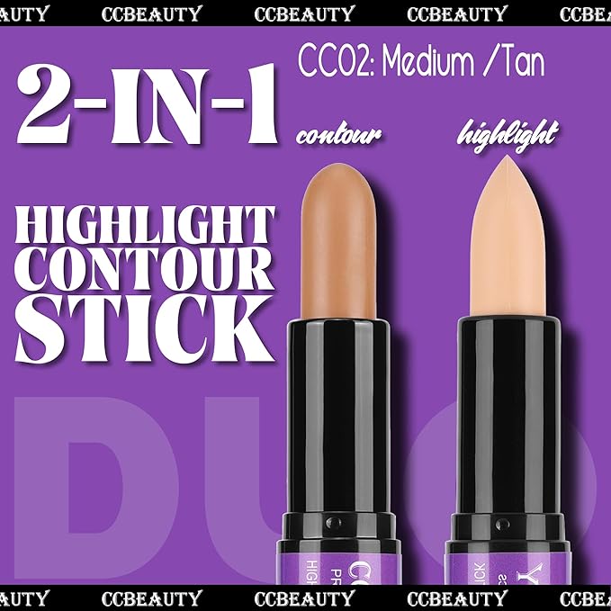 CCbeauty 2-IN-1 Matte Contour Stick Makeup,Cream Dual Highlighter Bronzer Stick, Highlighting & Contouring Kit, Highlight Concealer Sticks for Face Shaping, Long Lasting & Waterproof