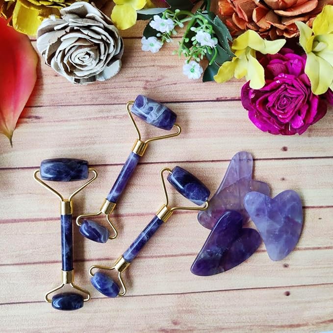 Amethyst Massage Roller and Gua sha Set | Reduces Wrinkles, Fine lines and Dark Circles | Pink Jade Roller | Anti-aging Massager for Skin Toning and Tightening for Face, Eyes, Neck
