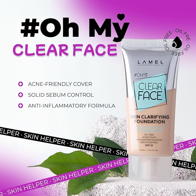 LAMEL OhMy Clear Face Full Coverage Foundation - Acne Coverage - Salicylic Acid & Tea Tree Extract - Dewy & Flawless Finish - Sensitive Skin Care - Organic & Oil-Free - 402, 1.35 fl.oz