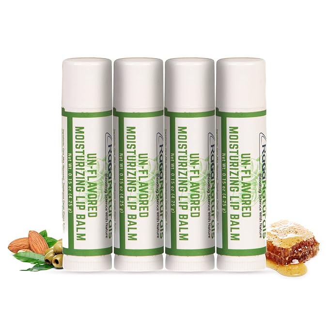 Unscented Lip Balm - 100% Natural Fragrance Free Moisturizing Lip Care for All Day Hydration - Original Beeswax, Shea Butter, Jojoba Oil, Vitamin E Infused - Pack of 4