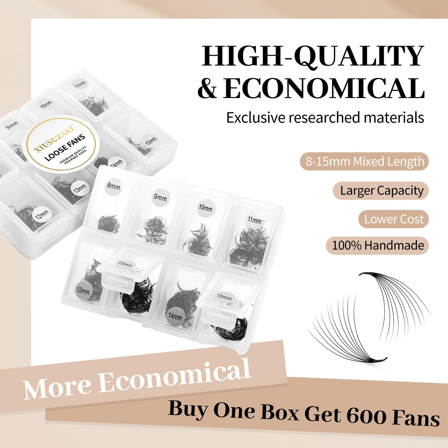 Premade Fans Eyelash Extensions - 600 Fans 9D Volume - 0.07 Thickness - C Curl - Mix 8-15mm