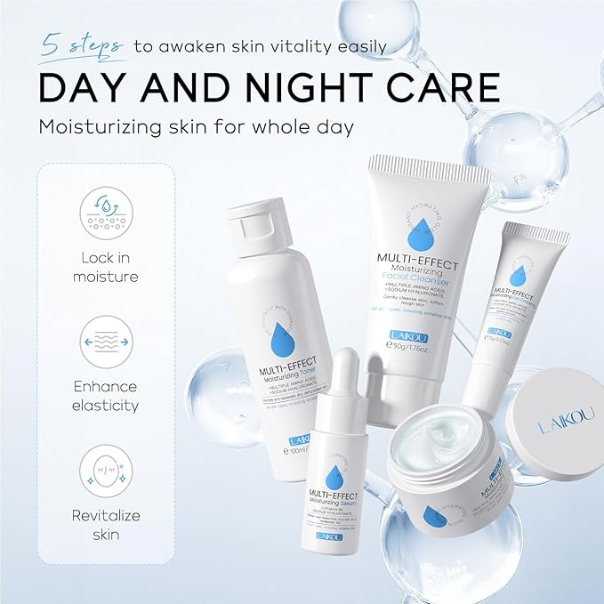Generic Moisturizer Skin Care Set,5PCS Skincare Teen Girls Set,Long-Lasting Moisturizing Skincare SetWith Cleanser,Toner,Serum,Eye Cream,Cream，Strong moisturizing effect，For All Skin Types, Blue