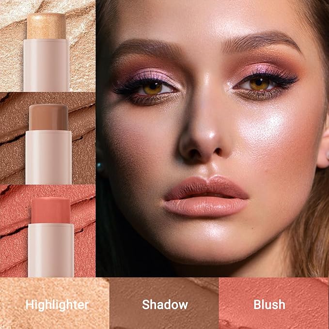 3Pcs Cream Contour Stick, with Highlighter Stick Milk Bronzer Stick Blush Stick, Face Contour Stick Highlighter Makeup with Makeup Brush and Sponge, Easy to Sculpt the Face, Long Lasting