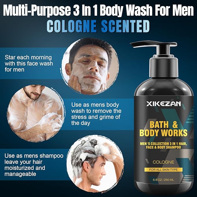 Gifts for Men,Mens Body Wash Gift Set Cleansing & Hydrating Skin w/Face Wash,Deodorant,Sandalwood & Cologne 3 in 1 Hair,Face & Body Wash,Mens Stocking Stuffers Christmas Gifts for Men Him Dad Husband