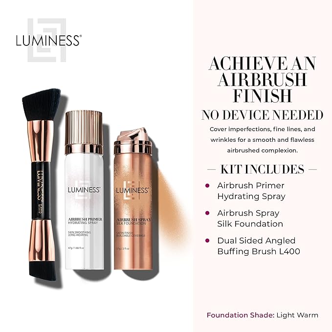 LUMINESS Airbrush Spray Silk Foundation Starter Kit - Medium Dark - Foundation, Primer & Dual-Sided Angled Buffing Brush - Medium, Buildable Coverage, Anti-Aging Formula Hydrates & Moisturizes