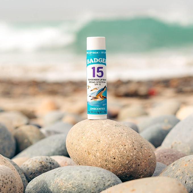 Badger Sunscreen Lip Balm SPF 15, Organic Mineral Sunscreen SPF Lip Balm with Zinc Oxide, Reef Friendly, Broad Spectrum, Water Resistant, Unscented, .15 oz (4 Pack)