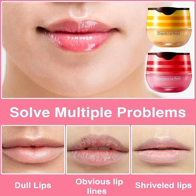 Lip Balm Honey Pot, Honey & Strawberry Lip Mask Propolis Moisturizing Lip Balm with Stick, Hydrating & Prevent Dry and Cracked Lip(2 Pcs)