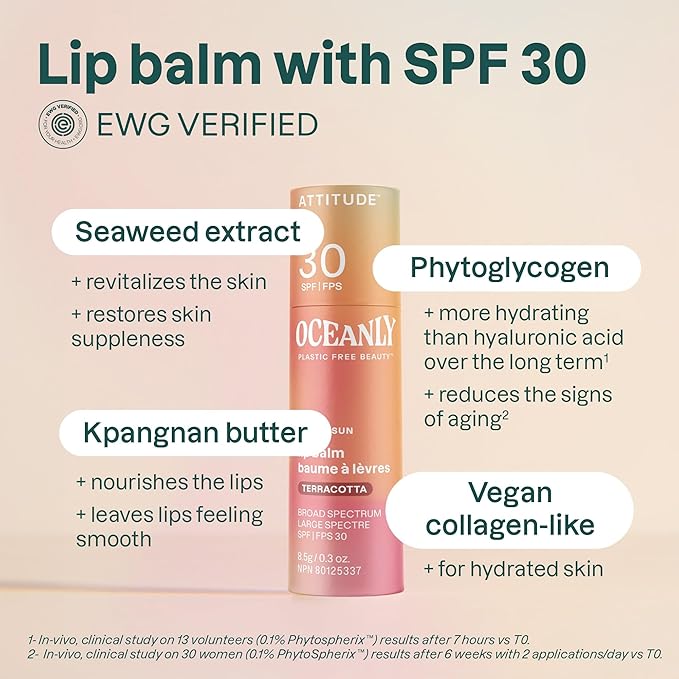 ATTITUDE Oceanly Tinted Lip Balm with SPF 30, EWG Verified, Plastic-Free, Broad Spectrum UVA/UVB Protection with Zinc Oxide, Vegan, Unscented, Terracotta, 0.3 Ounce